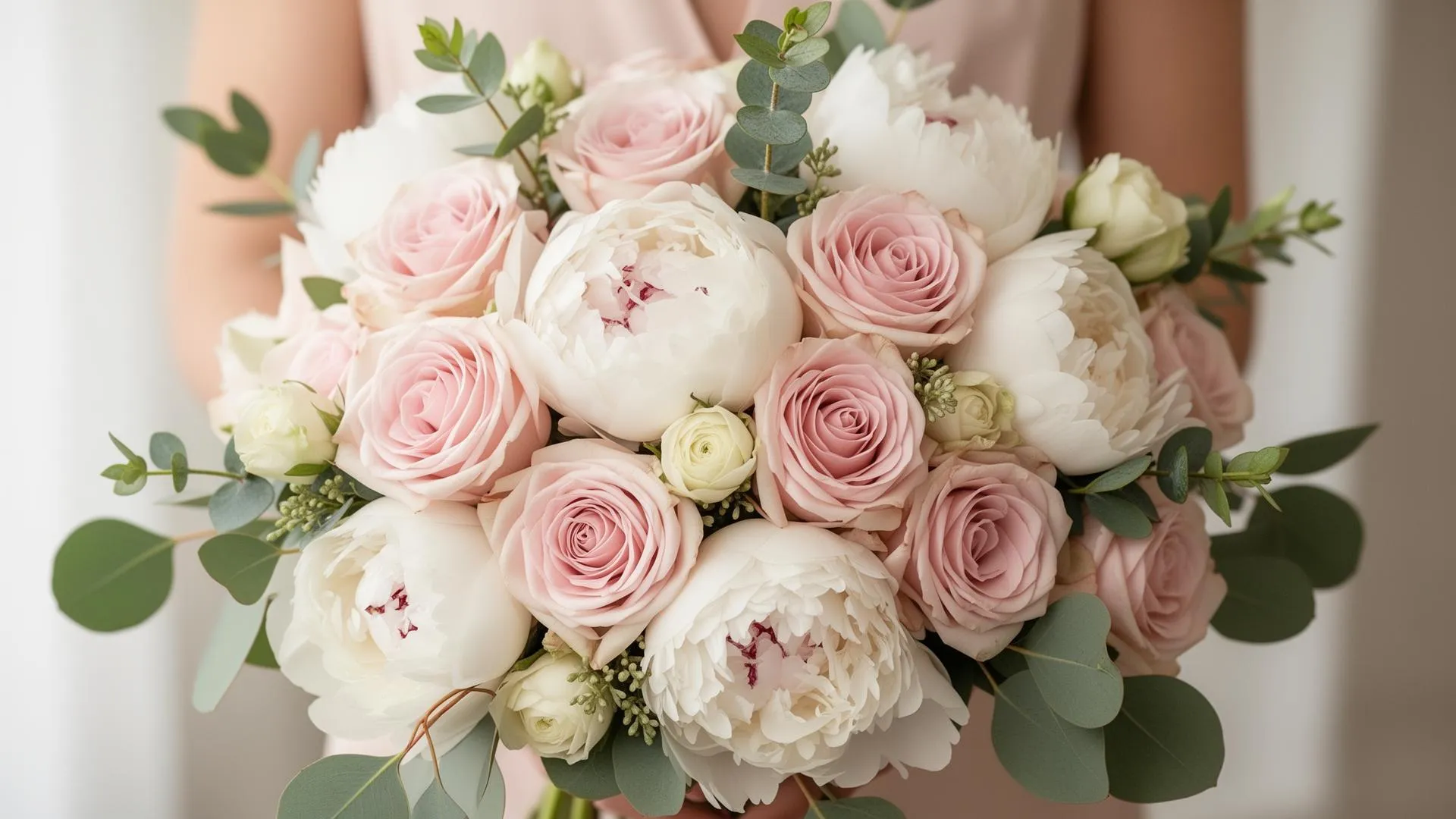 Hand-tied bouquet of blush pink roses, white peonies and eucalyptus