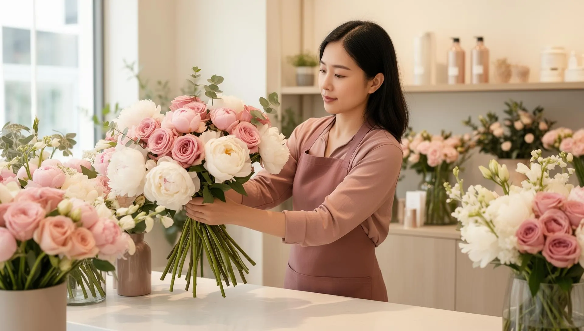 Florist in a dusty-pink apron arranging a bouquet of pink roses and white peonies at Florist Hong Kong