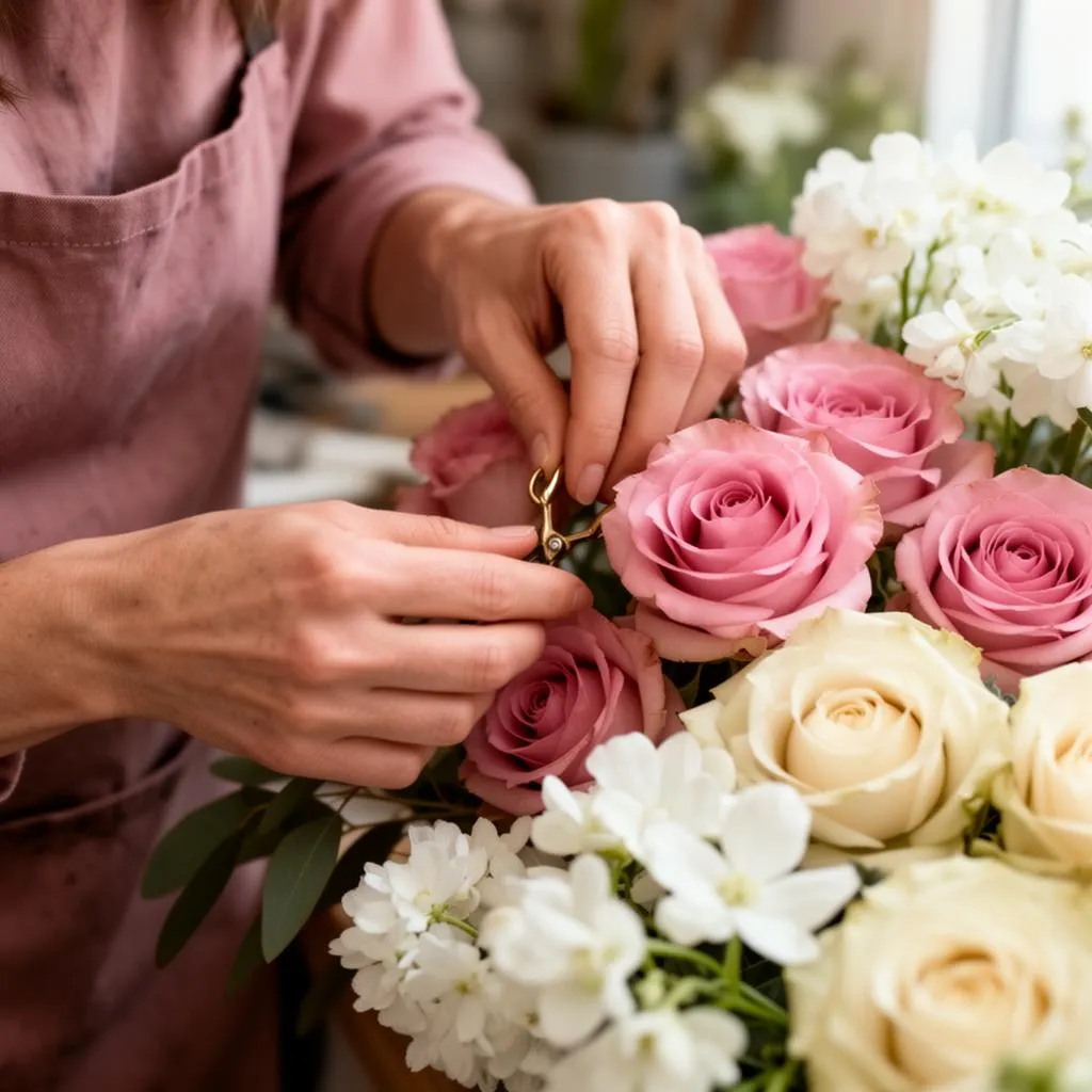 Florist's hands trimming pink and cream roses among white stock flowers