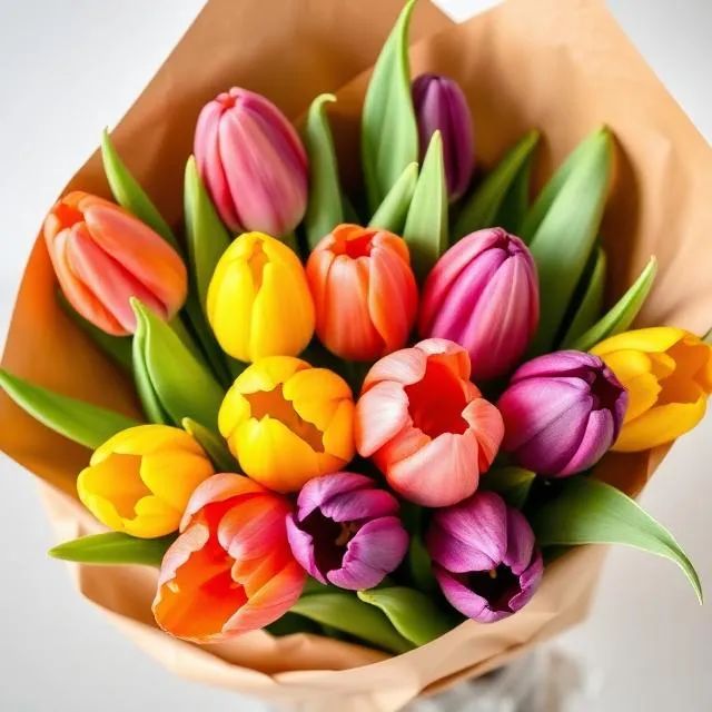 Spring Tulips: pink, orange, yellow and purple tulips wrapped in kraft paper, by Florist Hong Kong