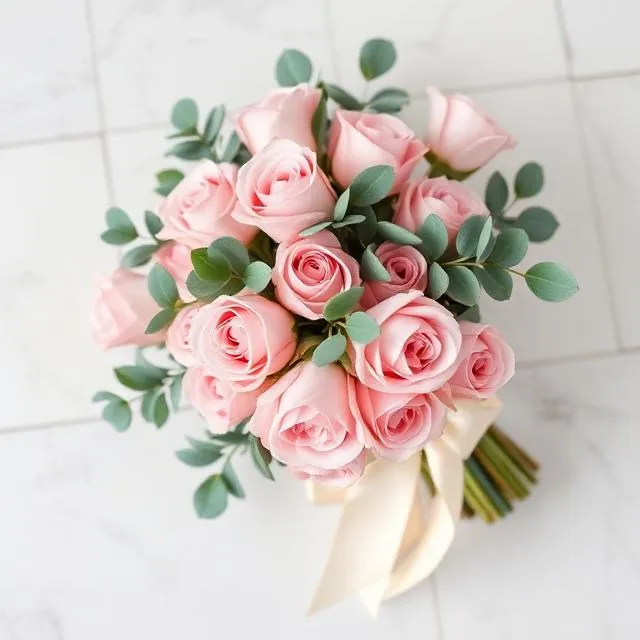 Pink rose bouquet with eucalyptus and a cream satin ribbon for romantic rose delivery in Hong Kong
