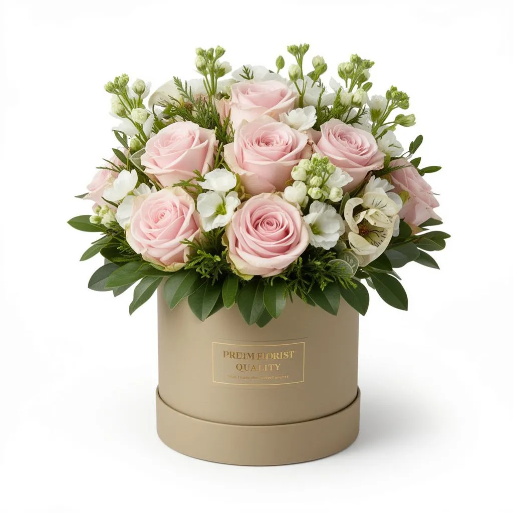 Pink roses and white stock arranged in a round taupe hat box, ready for delivery