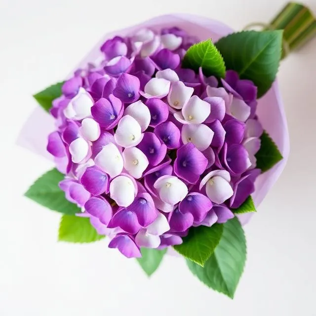 Purple Hydrangea: purple and white hydrangea in lilac wrap with fresh green leaves, by Florist Hong Kong