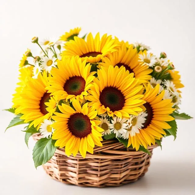 Sunflower and white daisy basket for birthday flower delivery in Hong Kong