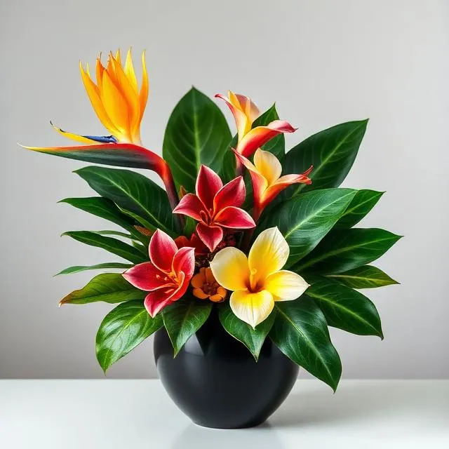 Tropical Paradise: bird of paradise and vivid tropical blooms in a glossy black vase, by Florist Hong Kong