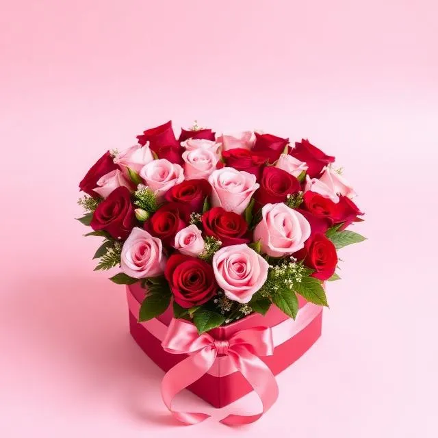 Valentine Heart Box: red and pink roses in a heart-shaped box with a satin bow, by Florist Hong Kong