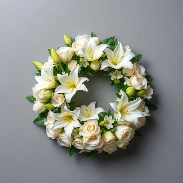 Sympathy Wreath: white lilies and cream roses woven into a round wreath, by Florist Hong Kong