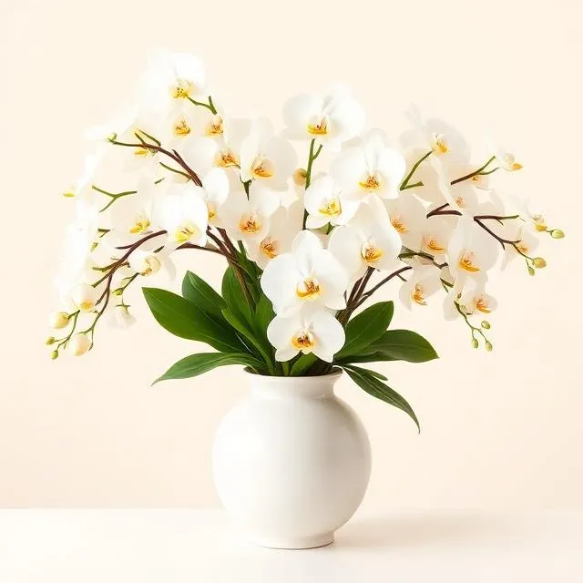 White Orchid Arrangement: cascading white orchid stems in a round white ceramic vase, by Florist Hong Kong