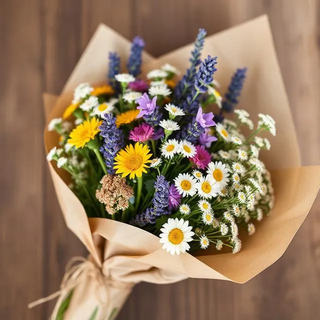 Wildflower mix of daisies, golden blooms and purple spikes in kraft paper, ready for same-day delivery in Hong Kong
